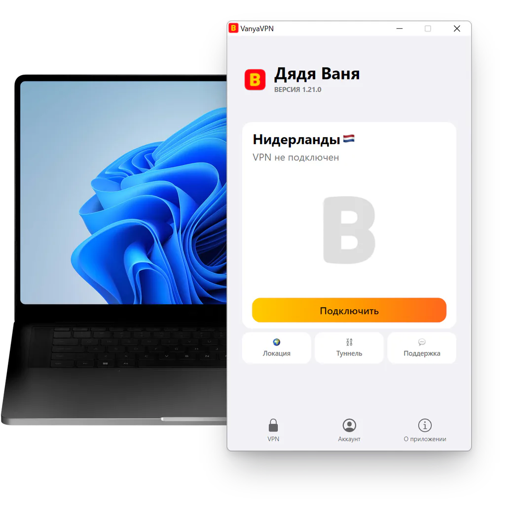 Окно VanyaVPN в Windows: выбраны Нидерланды, VPN ещё не подключён