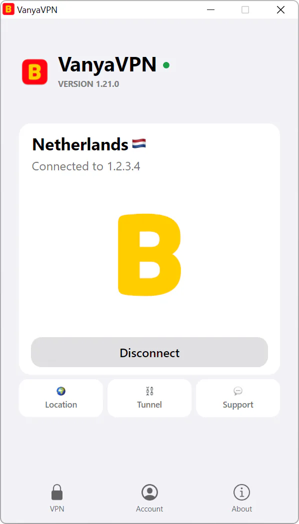 VanyaVPN window on Windows: VPN connected, location Netherlands